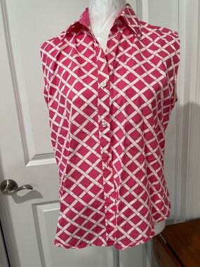 Cape Madras Cape Elizabeth ME I Sleeveless Pink & White Lattice Button-Front Top